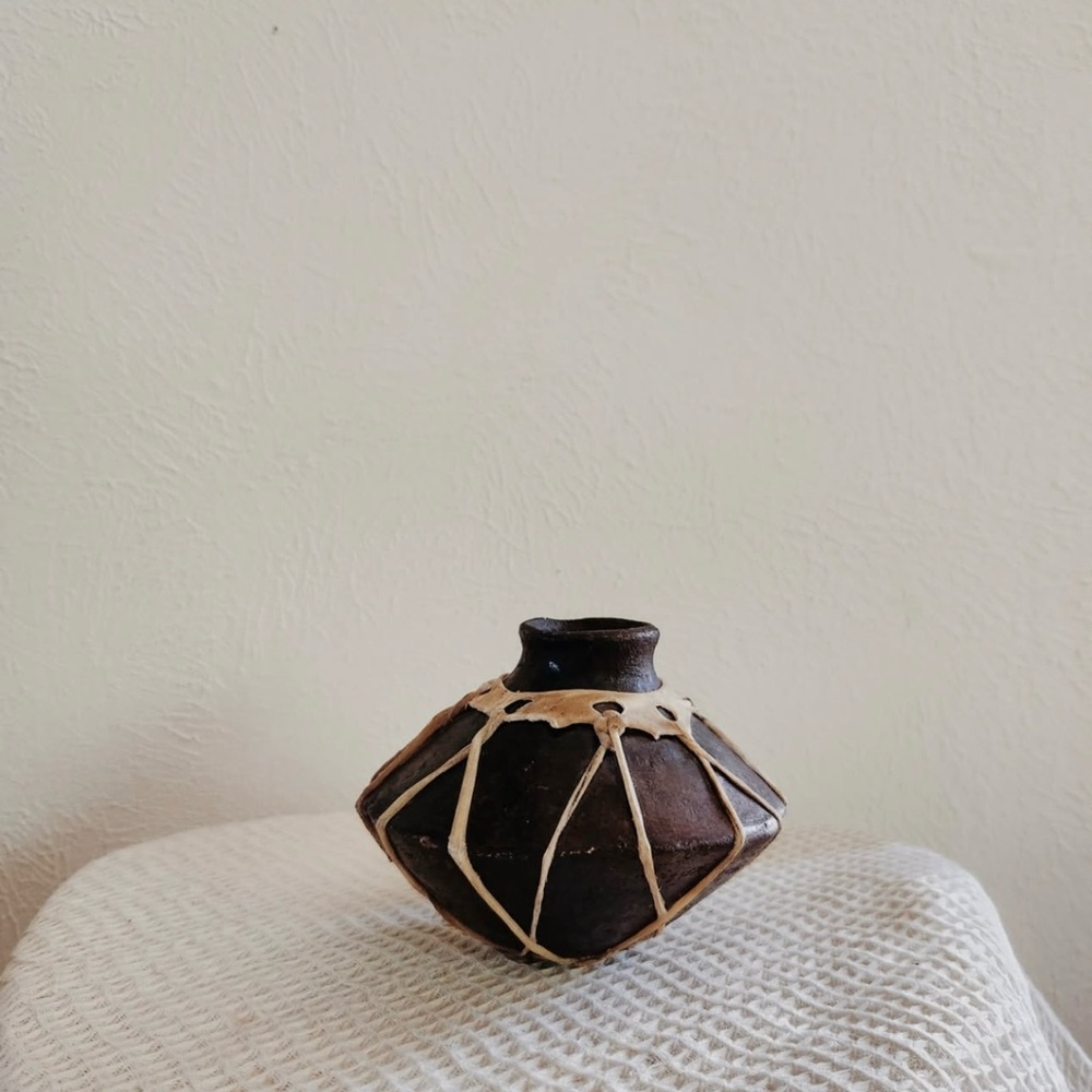 Vintage Native Ceramic Pottery Vase with Authentic Sinew Rope